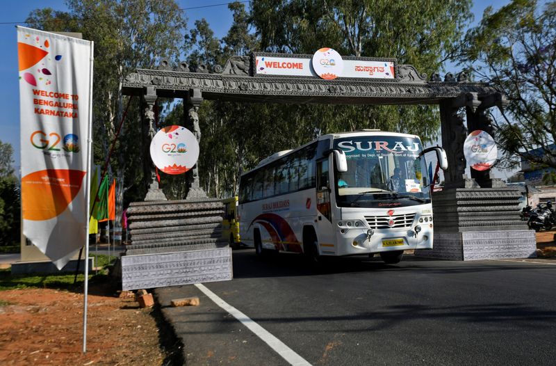 &copy; Reuters. A bus carrying delegates arrives at G20 finance officials meeting venue near Bengaluru, India, February 22, 2023. REUTERS/Samuel Rajkumar
