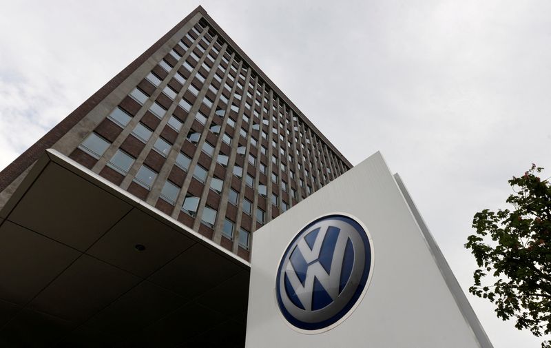 &copy; Reuters. FILE PHOTO: A VW logo is seen in front of the main building of the Volkswagen brand at the Volkswagen headquarters during a media tour to present Volkswagen's so called "Blaue Fabrik" (Blue Factory) environmental program, in Wolfsburg, Germany May 19, 201