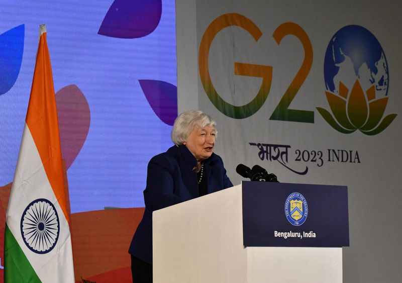 © Reuters. U.S. Treasury Secretary Janet Yellen speaks during a news conference as G20 finance leaders gather on the outskirts of Bengaluru, India, February 23, 2023. REUTERS/Samuel Rajkumar