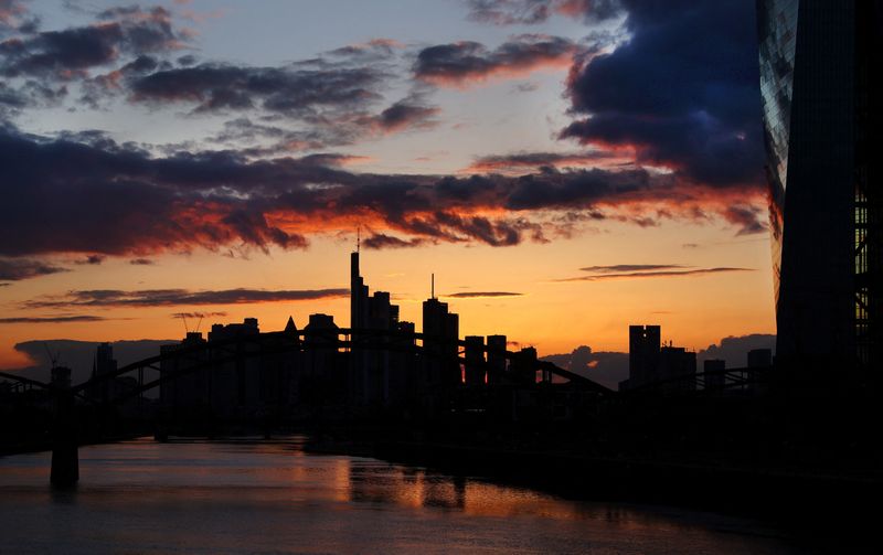 &copy; Reuters. FILE PHOTO: The European Central Bank (ECB) and the skyline with its financial district are photographed during sunset as the spread of the coronavirus disease (COVID-19) continues in Frankfurt, Germany, April 13, 2021.  REUTERS/Kai Pfaffenbach