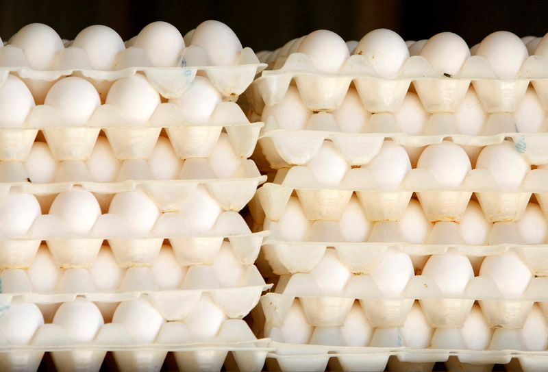 &copy; Reuters. FILE PHOTO: Some of the thousands of eggs produced each day by caged hens are stacked up at an egg farm in San Diego County in this picture taken July 29, 2008.    REUTERS/Mike Blake/File Photo