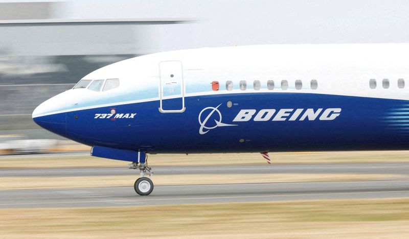 &copy; Reuters. FILE PHOTO: A Boeing 737 Max aircraft during a display at the Farnborough International Airshow, in Farnborough, Britain, July 20, 2022.  REUTERS/Peter Cziborra