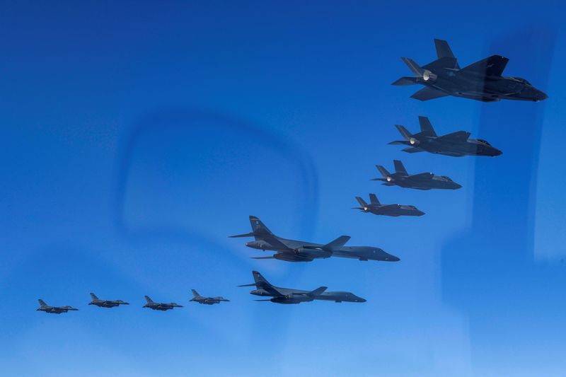 &copy; Reuters. FILE PHOTO: US Air Force B-1B bombers, South Korea's Air Force F-35A fighter jets and US Air Force F-16 fighter jets take part in a joint air drill, South Korea, February 19, 2023.    South Korean Defence Ministry/Handout via REUTERS  
