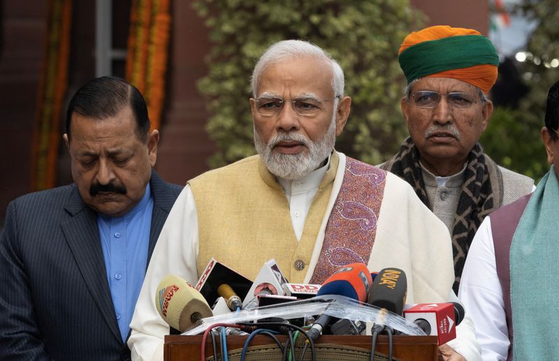 &copy; Reuters. FILE PHOTO: India's Prime Minister Narendra Modi speaks with the media inside the parliament premises upon his arrival on the first day of the budget session in New Delhi, India, January 31, 2023. REUTERS/Adnan Abidi