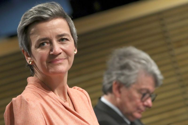 &copy; Reuters. FILE PHOTO: European Commission Vice President Margrethe Vestager presents the EU's action plan on synergies between civil, defence and space industries, during a news conference in Brussels, Belgium February 22, 2021. REUTERS/Yves Herman/Pool