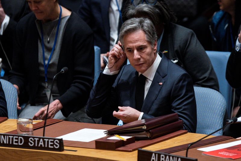 &copy; Reuters. Secretário de Estados dos EUA, Antony Blinken, durante reunião do Conselho de Segurança da ONU para discutir situação da Ucrânia
24/02/2023
REUTERS/Eduardo Munoz