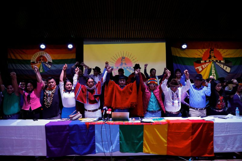 &copy; Reuters. Leonidas Iza, leader of Ecuador's indigenous organization CONAIE, and leaders of the indigenous nationalities of the Sierra, the coast and the Amazon celebrate, on the day of a meeting held by Ecuador's top indigenous organization CONAIE along with other 
