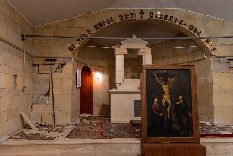 &copy; Reuters. A view of the damaged altar at the church in Vakifli, the last Armenian village in Turkey, in the aftermath of the deadly earthquake, in Samandag, Turkey, February 24, 2023. REUTERS/Eloisa Lopez