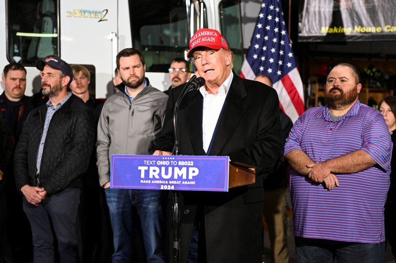 &copy; Reuters. Former U.S. President Donald Trump speaks about the recent derailment of a train carrying hazardous waste, during an event at a fire station in East Palestine, Ohio, U.S., February 22, 2023. REUTERS/Alan Freed