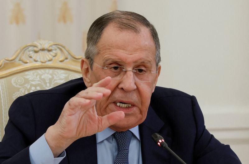 &copy; Reuters. FILE PHOTO-Russian Foreign Minister Sergei Lavrov speaks during a meeting with heads of foreign media outlets in Moscow, Russia, February 15, 2023. REUTERS/Shamil Zhumatov