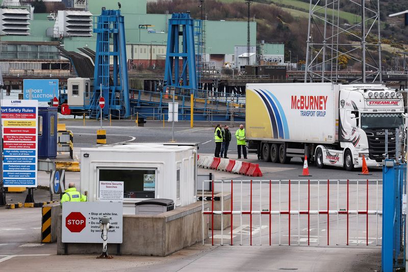 &copy; Reuters. A truck is checked after disembarking from the P&O Ferry from Cairnryan in Larne, Northern Ireland February 27, 2023. REUTERS/Lorraine O'Sullivan