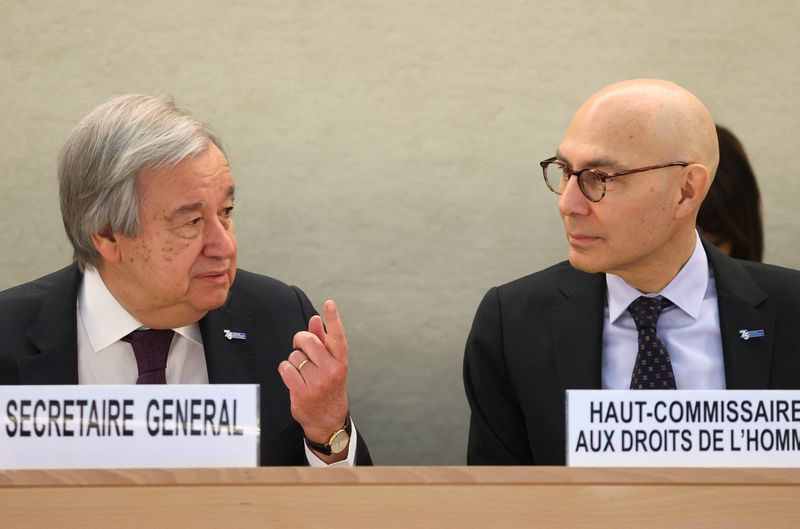 &copy; Reuters. Secretário-geral da ONU e alto comissário da ONU para os direitos humanos no Conselho de Direitos Humanos das Nações Unidas em Genebra
27/02/2023
REUTERS/Denis Balibouse 