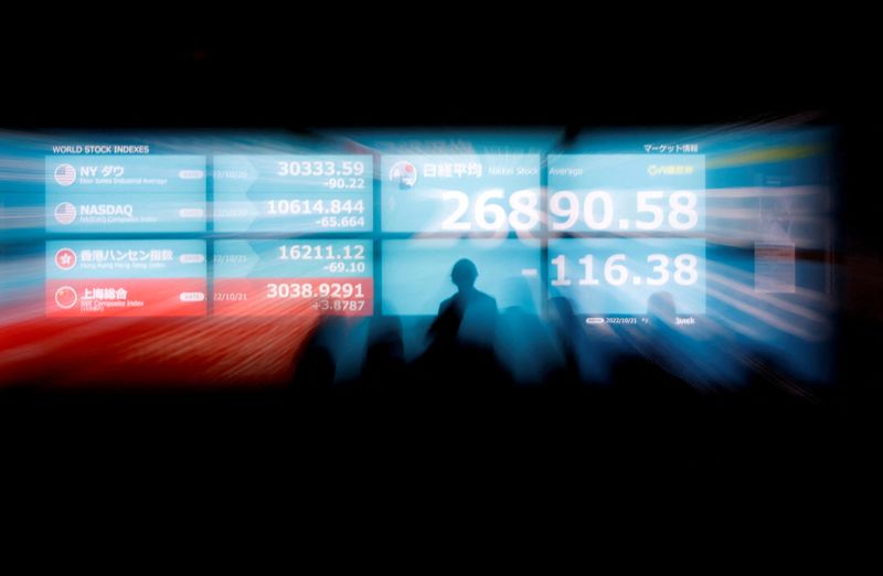 &copy; Reuters. FILE PHOTO: Silhouettes of passerby are seen as they stand in front of an electric monitor displaying Japan's Nikkei share average and world stock indexes outside a brokerage in Tokyo, Japan, October 21, 2022  REUTERS/Issei Kato/File Photo