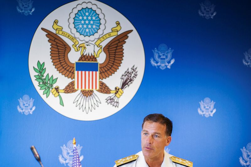 &copy; Reuters. FILE PHOTO: U.S. Admiral John C. Aquilino speaks during a news conference in Bangkok, Thailand, December 13, 2019. REUTERS/Panu Wongcha-um