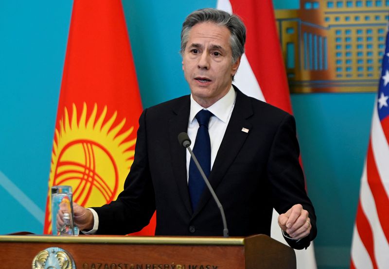 © Reuters. U.S. Secretary of State Antony Blinken speaks during a joint press conference with Kazakh Foreign Minister Mukhtar Tleuberdi in Astana, Kazakhstan, February 28, 2023. Olivier Douliery/Pool via REUTERS