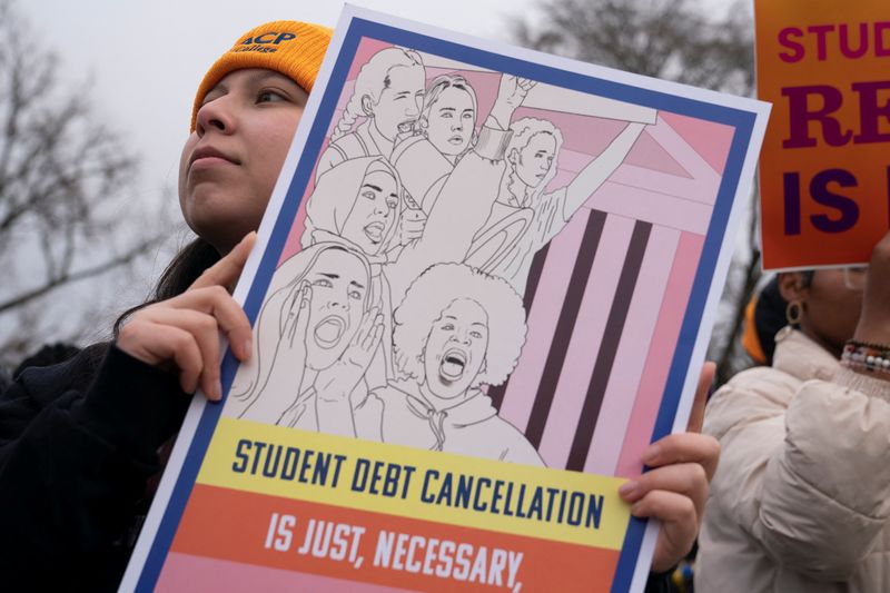 © Reuters. Daniela Sanchez, a supporter of student loan debt relief, rallies in front of the Supreme Court as the justices are scheduled to hear oral arguments in two cases involving President Joe Biden's bid to reinstate his plan to cancel billions of dollars in student debt in Washington, U.S., February 28, 2023. REUTERS/Nathan Howard