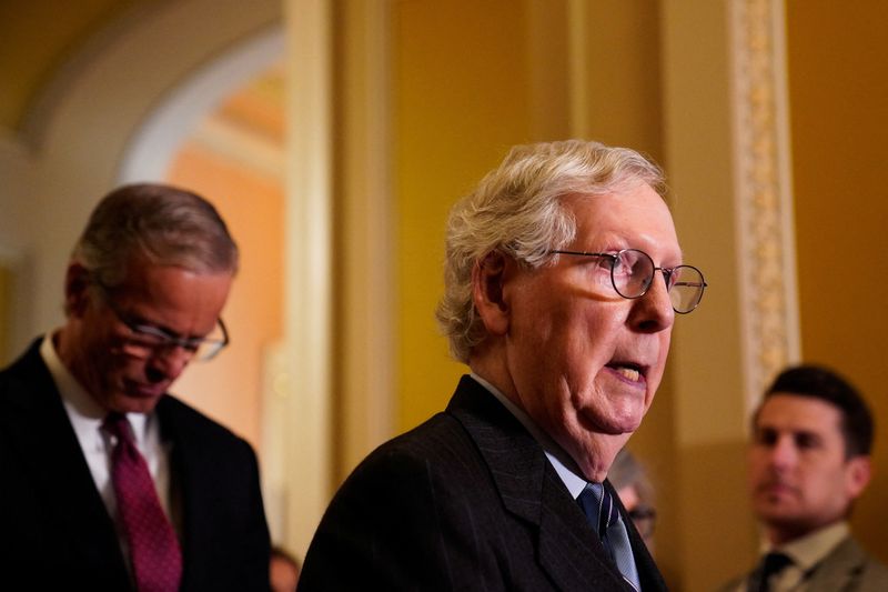 &copy; Reuters. U.S. Senate Minority Leader Mitch McConnell (R-KY) speaks to reporters following the Senate Republicans weekly policy lunch at the U.S. Capitol in Washington, U.S., February 28, 2023. REUTERS/Elizabeth Frantz