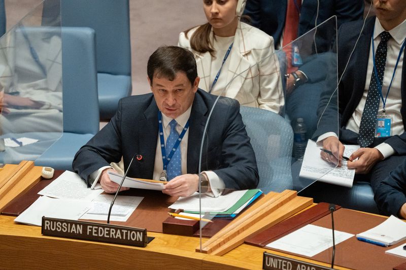 &copy; Reuters. نائب السفير الروسي لدى الأمم المتحدة دميتري بوليانسكي خلال اجتماع لمجلس الأمن الدولي في نيويورك يوم 29 يوليو تموز 2022. تصوير: جينا مون – رويتر