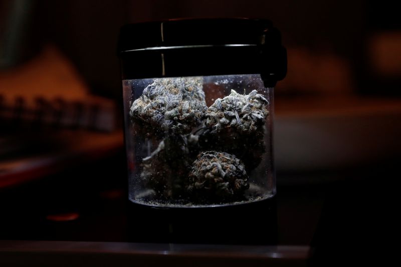 &copy; Reuters. FILE PHOTO: Hybrid strains of cannabis are pictured in a jar at a home in New York, U.S. in this illustration picture taken April 1, 2021.  REUTERS/Shannon Stapleton/Illustration