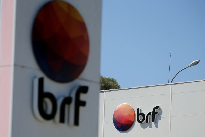 &copy; Reuters. FILE PHOTO: Logos of Brazilian meatpacker BRF SA are seen in the headquarters in Curitiba, Brazil October 1, 2019. REUTERS/Rodolfo Buhrer/File Photo