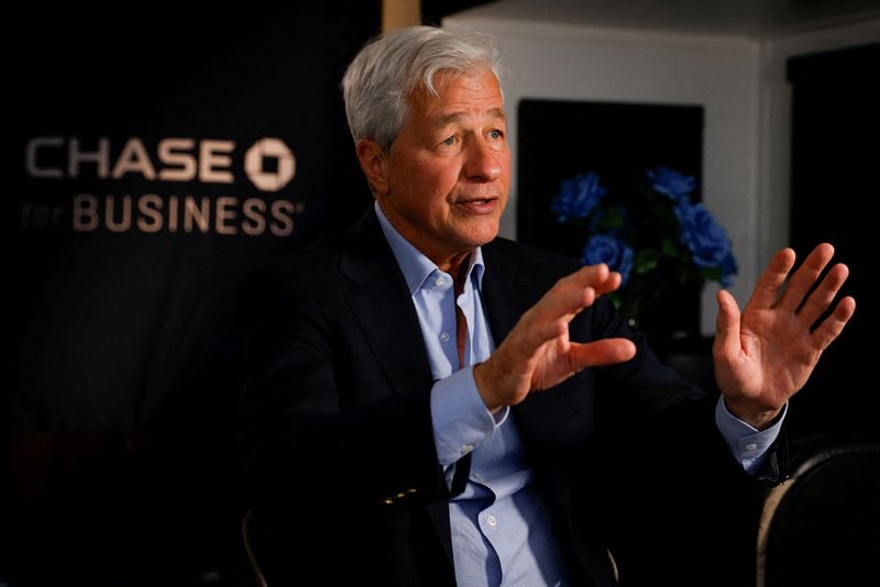 &copy; Reuters. FILE PHOTO: Jamie Dimon, Chairman of the Board and Chief Executive Officer of JPMorgan Chase & Co., gestures as he speaks during an interview with Reuters in Miami, Florida, U.S., February 8, 2023. REUTERS/Marco Bello/File Photo