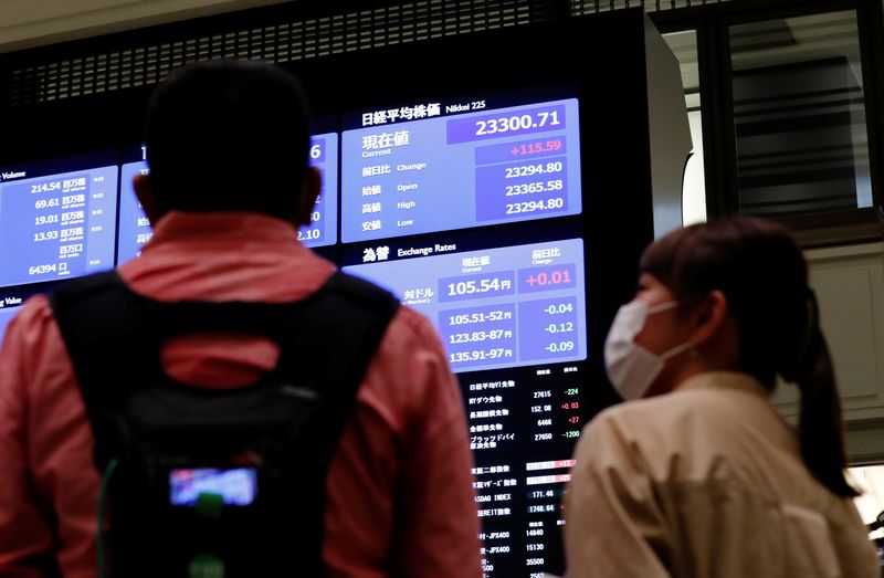 &copy; Reuters. FILE PHOTO: TV crews talk in front of  a large screen showing stock prices at the Tokyo Stock Exchange in Tokyo, Japan October 2, 2020. REUTERS/Kim Kyung-Hoon