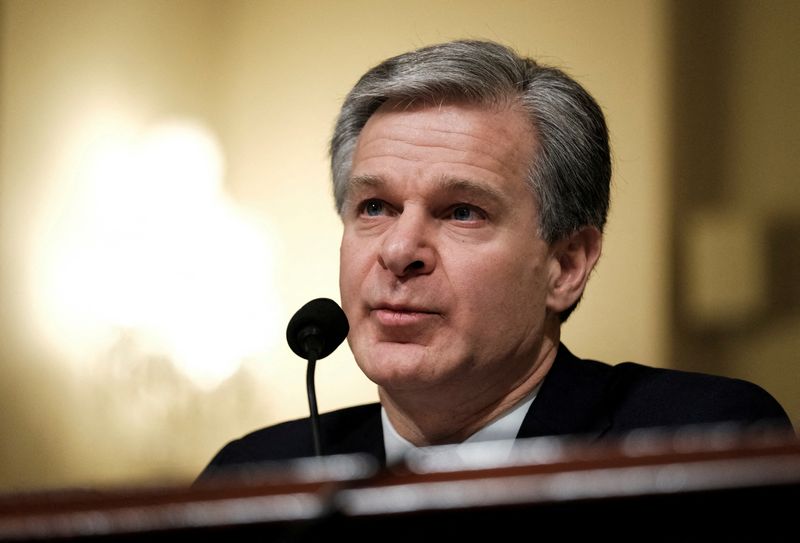 &copy; Reuters. FILE PHOTO: Federal Bureau of Investigation (FBI) Director Christopher Wray testifies before a House Homeland Security Committee hearing on "Worldwide Threats to the Homeland" on Capitol Hill in Washington, U.S., November 15, 2022. REUTERS/Michael A. McCo