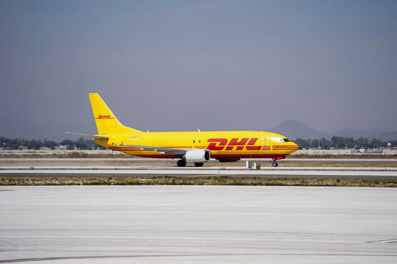 &copy; Reuters. The first cargo plane of German postal and logistics group Deutsche Post (DHL) arrives at the Felipe Angeles international airport, prior to the inauguration of its new cargo facilities, in Zumpango, Mexico, February 28, 2023. REUTERS/Toya Sarno Jordan