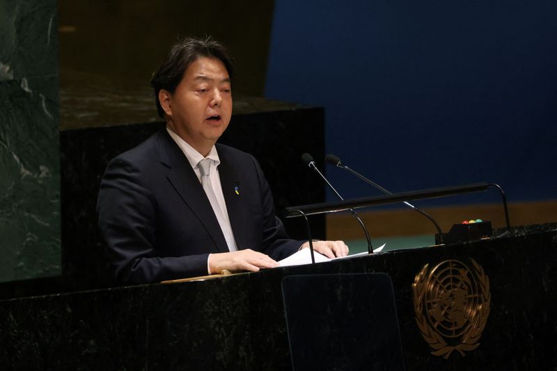 &copy; Reuters. وزير الخارجية الياباني يوشيماسا هاياشي في الأمم المتحدة بنيويورك يوم 23 فبراير شباط 2023. تصوير: مايك سيجار - رويترز.