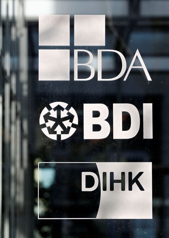 &copy; Reuters. FILE PHOTO: The logos of the Bundesvereinigung der Deutschen Arbeitgeberverbaende BDA (Confederation of German Employers' Association (BDA), Bundesverband der Deutschen Industrie e.V. BDI (Federation of German Industries) and Deutsche Industrie- und Hande