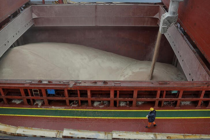 &copy; Reuters. FOTO DE ARCHIVO. Un miembro de la tripulación del granelero de bandera liberiana Valsamitis observa la carga de trigo para Kenia y Etiopía, en medio del ataque de Rusia a Ucrania, en un puerto de la ciudad de Chornomorsk, Ucrania