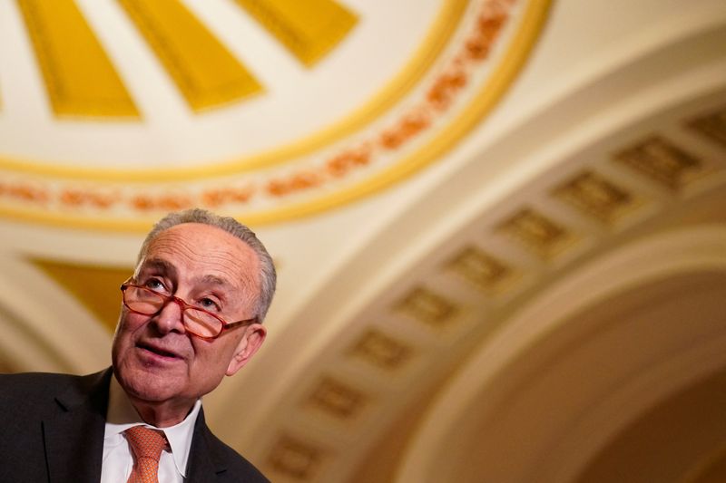 &copy; Reuters. FILE PHOTO: U.S. Senate Majority Leader Chuck Schumer (D-NY) speaks to reporters following the Senate Democrats weekly policy lunch at the U.S. Capitol in Washington, U.S., February 28, 2023. REUTERS/Elizabeth Frantz