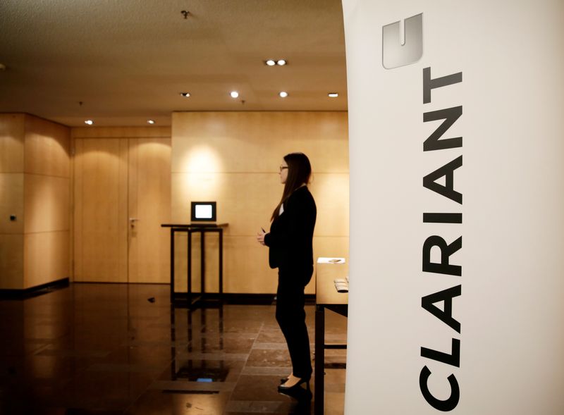 &copy; Reuters. FILE PHOTO: A woman stands next to a logo of Swiss specialty chemicals company Clariant ahead of a news conference to present the company's full-year results, in Zurich, Switzerland, February 14, 2018. REUTERS/Moritz Hager