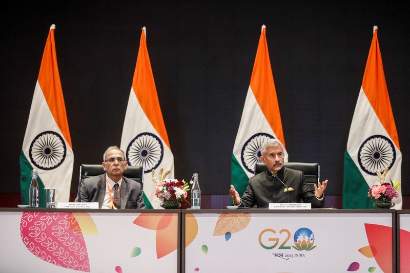 &copy; Reuters. وزير الخارجية الهندي سوبرامانيام جايشانكار خلال مؤتمر صحفي لرئاسة مجموعة العشرين في نيودلهي يوم الخميس. تصوير: فرانسيس ماسكارينهاس - رويتر
