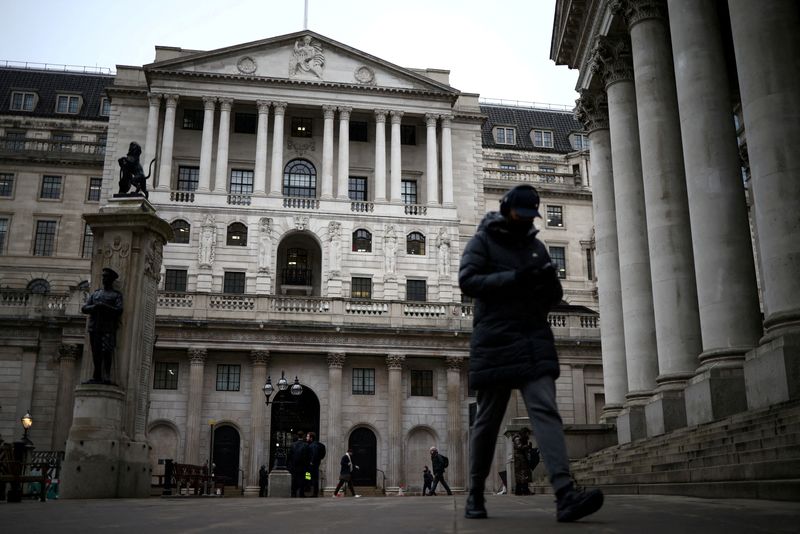 &copy; Reuters. FILE PHOTO: People walk outside the Bank of England in the City of London financial district, in London, Britain, January 26, 2023. REUTERS/Henry Nicholls