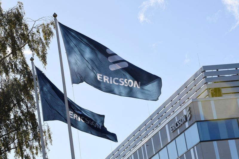 &copy; Reuters. FILE PHOTO: Flags with Ericsson logo are pictured outside company's head office in Stockholm, Sweden, October 4 , 2016. TT NEWS AGENCY/Maja Suslin via REUTERS/File Photo