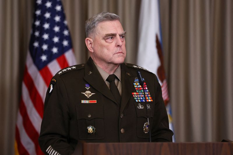 © Reuters. FILE PHOTO: U.S. Chairman of the Joint Chiefs of Staff Gen. Mark A. Milley looks on during a news conference with U.S. Secretary of Defense Lloyd Austin (not pictured), following their meeting in which they discuss how to help Ukraine defend itself, at Ramstein Air Base, Germany, January 20, 2023. REUTERS/Wolfgang Rattay