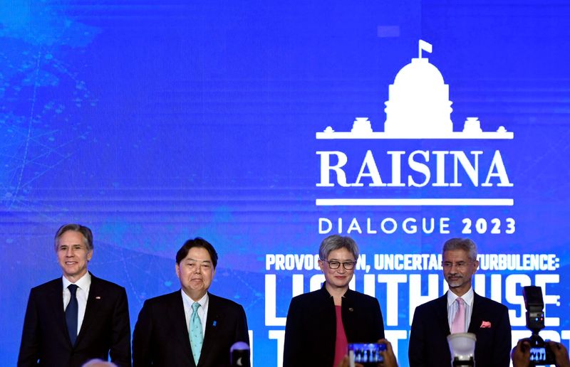 &copy; Reuters. (L-R) US Secretary of State Antony Blinken, Japanese Foreign Minister Yoshimasa Hayashi, Australian Foreign Minister Penny Wong and Indian Foreign Minister Subrahmanyam Jaishankar attend a Quad Ministers' panel at the Taj Palace Hotel in New Delhi, India 