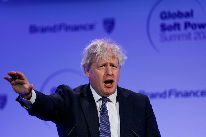 &copy; Reuters. Former British Prime Minister Boris Johnson gestures during the Global Soft Power Summit at the QEII center in London, Britain, March 2, 2023. REUTERS/Peter Nicholls