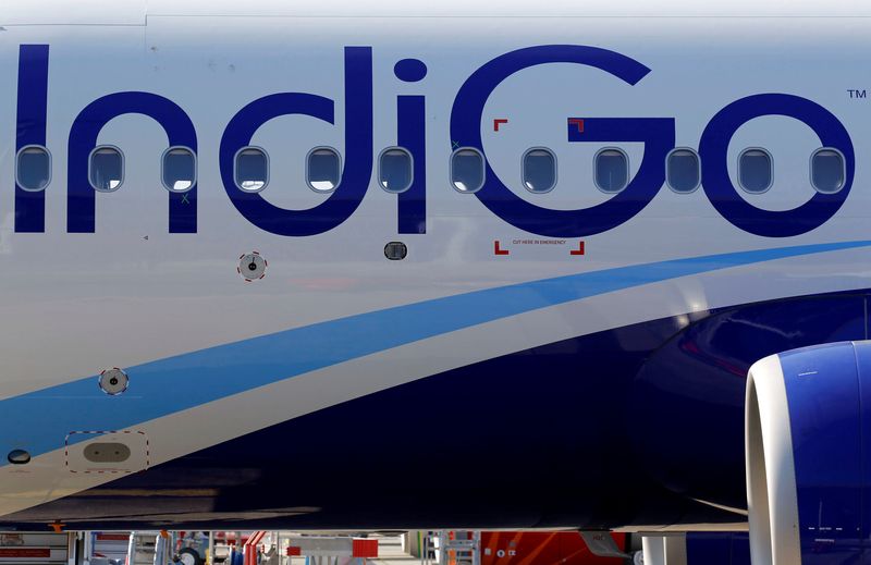 &copy; Reuters. FILE PHOTO: The logo of IndiGo Airlines is pictured on passenger aircraft on the tarmac in Colomiers near Toulouse, France, July 10, 2018. REUTERS/Regis Duvignau