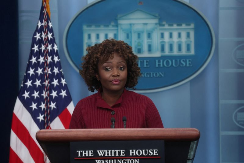 &copy; Reuters. FILE PHOTO: White House Press Secretary Karine Jean-Pierre holds a press briefing at the White House in Washington, U.S., March 1, 2023. REUTERS/Leah Millis
