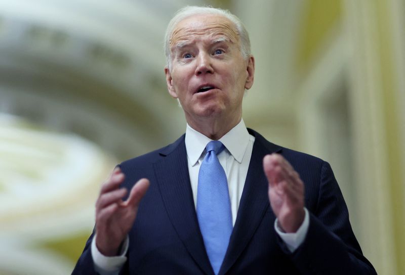 &copy; Reuters. FILE PHOTO: U.S. President Joe Biden speaks to the news media after attending a closed Senate Democratic Caucus lunch at the U.S. Capitol in Washington, D.C., U.S., March 2, 2023. REUTERS/Leah Millis