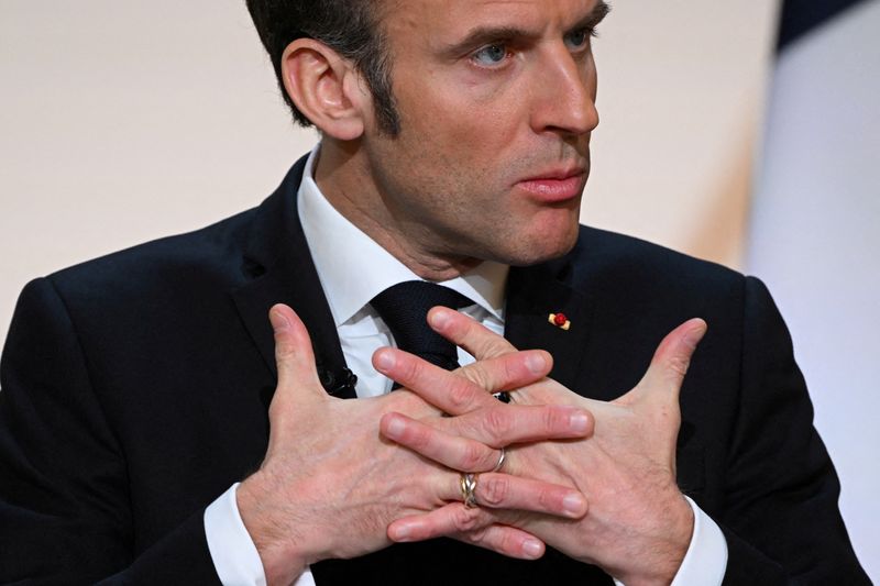 &copy; Reuters. French President Emmanuel Macron gestures as he gives a speech to ouline France's revamped strategy for Africa ahead of his visit in Central Africa, at the Elysee Palace in Paris on February 27, 2023. Stefano Rellandini/REUTERS/File Photo