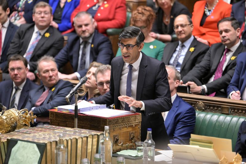 &copy; Reuters. British Prime Minister Rishi Sunak speaks during an Oral Questions session at the House of Commons in London, Britain, March 01, 2023. Jessica Taylor/UK Parliament/Handout via REUTERS  