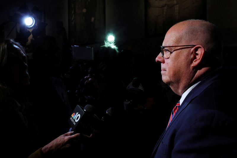 &copy; Reuters. FILE PHOTO: Maryland Governor Larry Hogan answers questions from reporters after speaking at a "Politics and Eggs" forum at Saint Anselm College in Manchester, New Hampshire, U.S., October 6, 2022.     REUTERS/Brian Snyder/File Photo