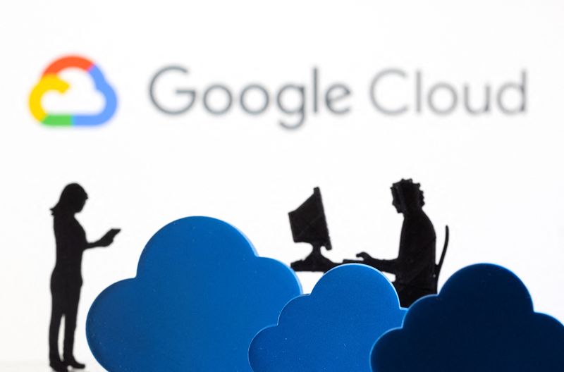 © Reuters. FILE PHOTO: 3D printed clouds and figurines are seen in front of the Google Cloud service logo in this illustration taken February 8, 2022. REUTERS/Dado Ruvic/Illustration