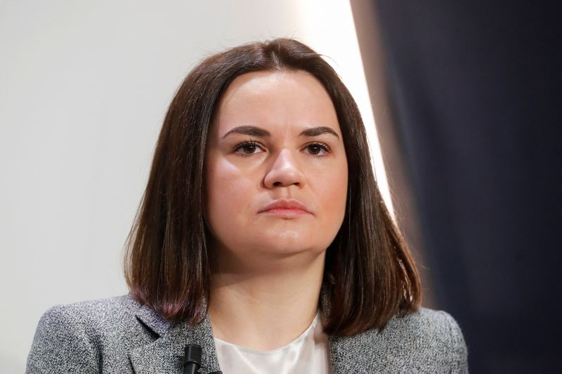 &copy; Reuters. FILE PHOTO: Belarusian opposition leader Sviatlana Tsikhanouskaya takes part in World Economic Forum (WEF) session "In Defence of Europe", in Davos, Switzerland, January 17, 2023. REUTERS/Arnd Wiegmann