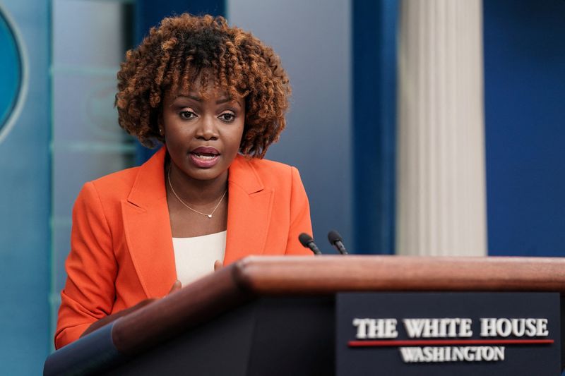 &copy; Reuters. FILE PHOTO: White House Press Secretary Karine Jean-Pierre holds a press briefing at the White House in Washington, D.C., U.S., February 23, 2023. REUTERS/Sarah Silbiger
