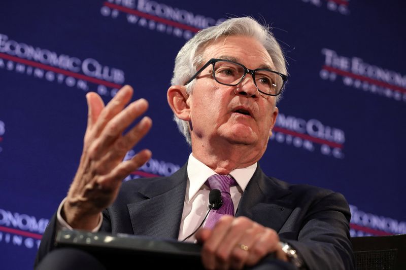 &copy; Reuters. FILE PHOTO: U.S. Federal Reserve Chair Jerome Powell responds to a question from David Rubenstein (not pictured) during an on-stage discussion at a meeting of The Economic Club of Washington, at the Renaissance Hotel in Washington, D.C., U.S, February 7, 