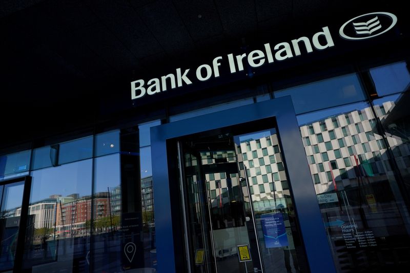 &copy; Reuters. FILE PHOTO: General view of a branch of the Bank of Ireland with the reflection of Grand Canal Square in the Docklands visible in its windows amid the coronavirus disease (COVID-19) pandemic in Dublin, Ireland, October 14, 2020. REUTERS/Clodagh Kilcoyne